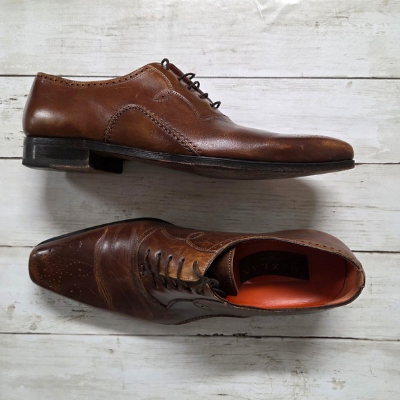 Mezlan Mens Cognac Brown Leather Medallion Toe Oxford Dress Shoes Spain Sz 8M